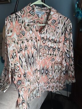 Southern Lady Peach Coral Ikat Button-Down Shirt